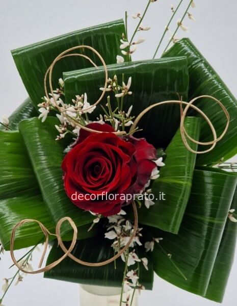 Rosa rossa a gambo lungo con aspidistra